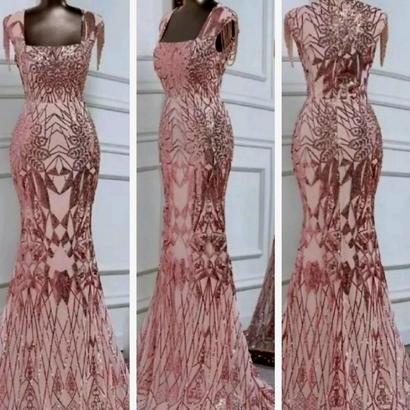 Pink, Cap Sleeve,  Rhinestone,  Square Neck, Contrast Sequined Mermaid G… - Picture 1 of 13